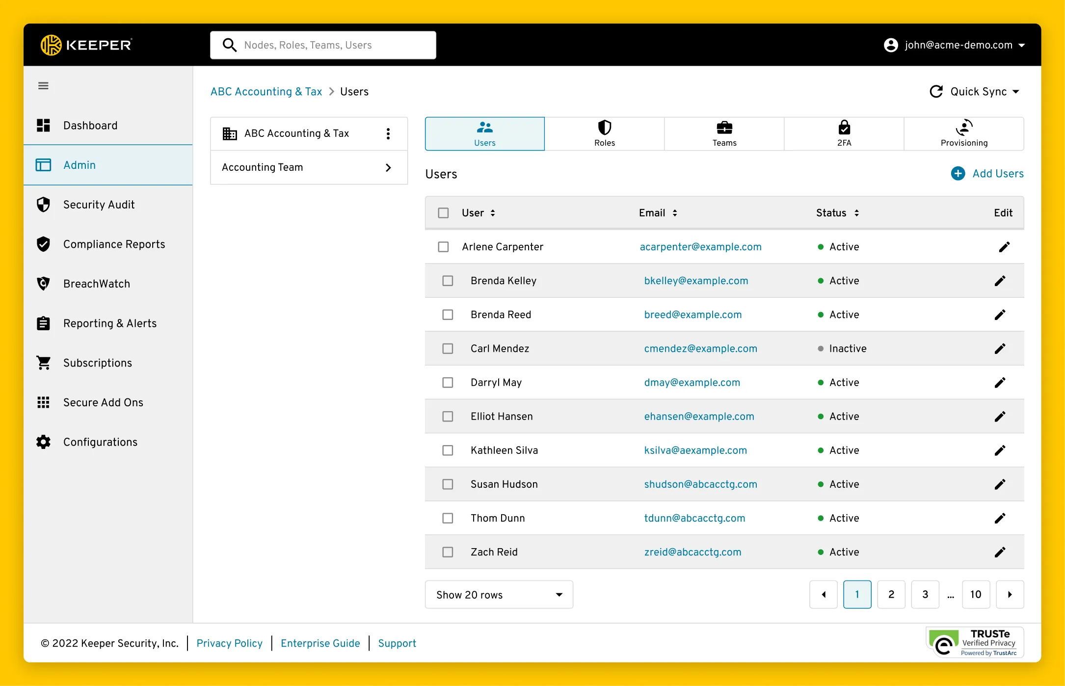 Admin Console showing users, role-based acces control, teams and user provisioning.