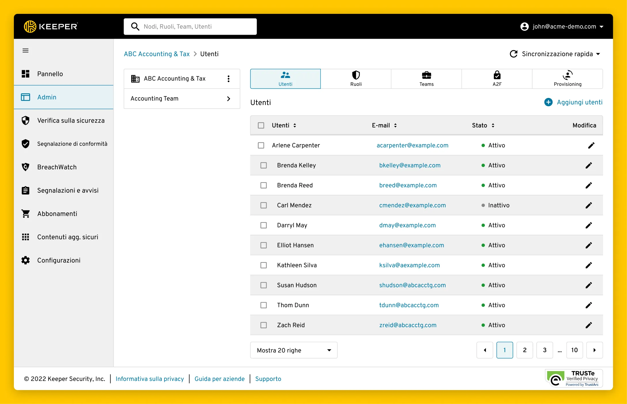 Admin Console showing users, role-based acces control, teams and user provisioning.