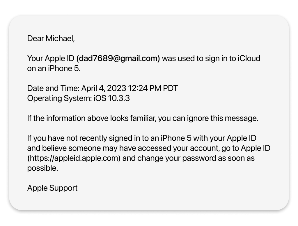 Message from Apple Support saying that someone used the user's Apple ID to log in to another device