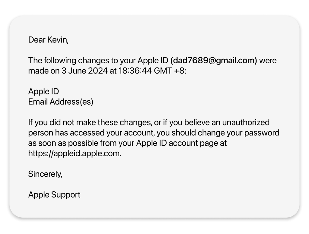 Message from Apple Support saying that changes have been made to a user's Apple ID