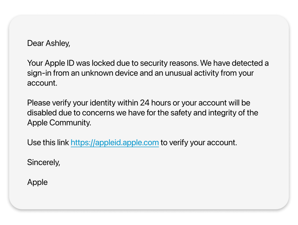 Message from Apple saying that a user's Apple ID was locked due to suspicious activity