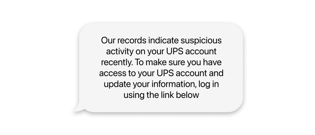 Text message claiming to be from UPS about suspicious activity on a UPS account