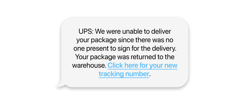 Text message claiming to be from UPS about something going wrong with a delivery
