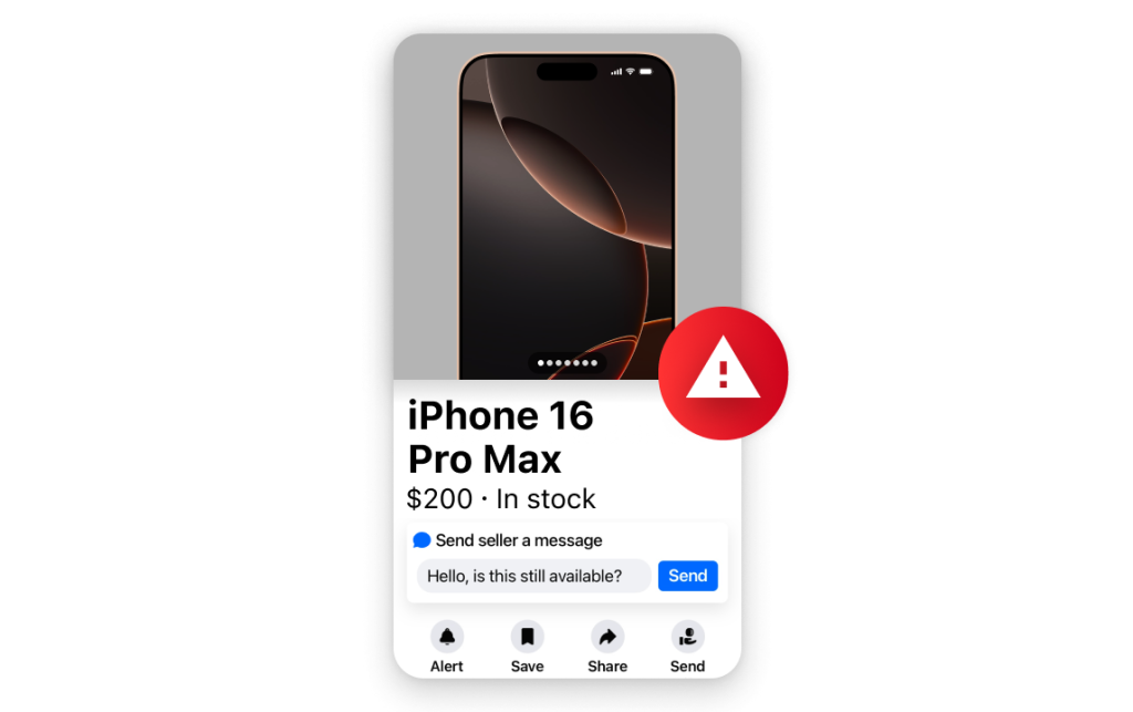 Anúncio falso no Facebook Marketplace de um telefone caro anunciado por um preço muito baixo