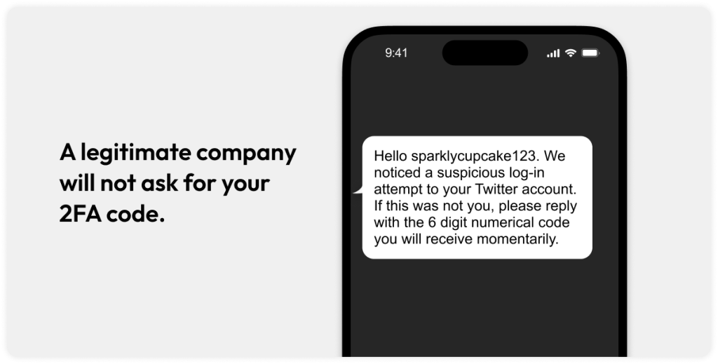 Example of phishing attack to trick you into sharing your 2FA code with a scammer
