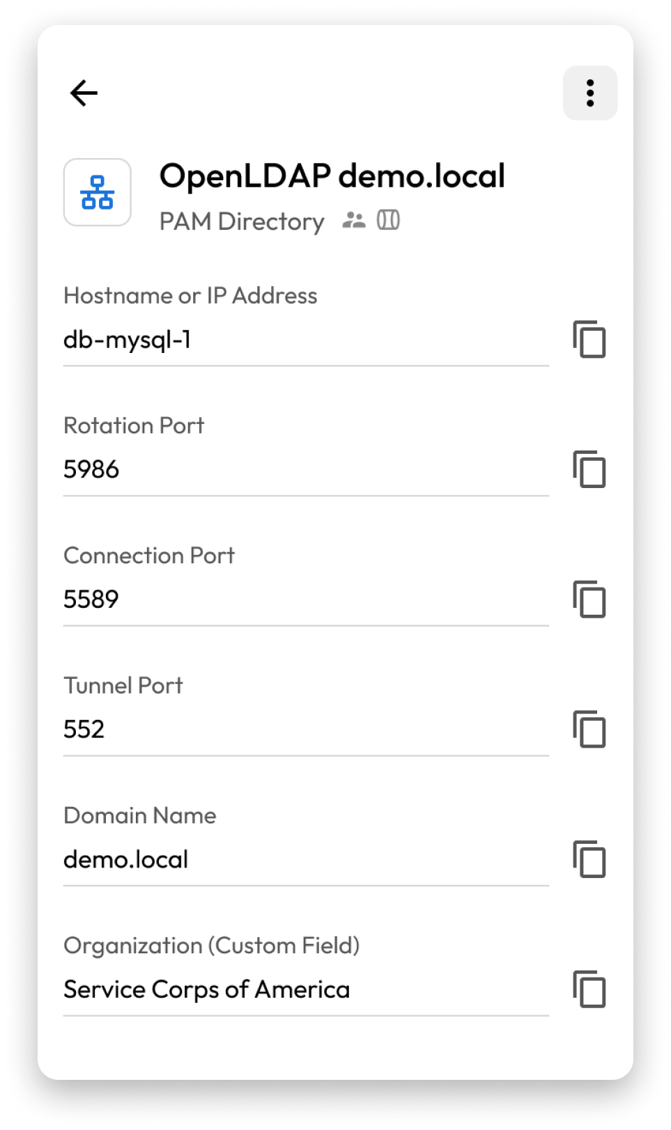 PAM 目录下题为“OpenLDAP demo.local”的 Keeper 记录的屏幕截图。 记录包括主机名或 IP 地址 (db-mysql-1)、轮换端口 (5986)、连接端口 (5589)、隧道端口 (552)、域名 (demo.local) 字段,以及标记为“Service Corps of America.”的组织的自定义字段。 每个字段旁边都有一个剪贴板图标,用于复制值。