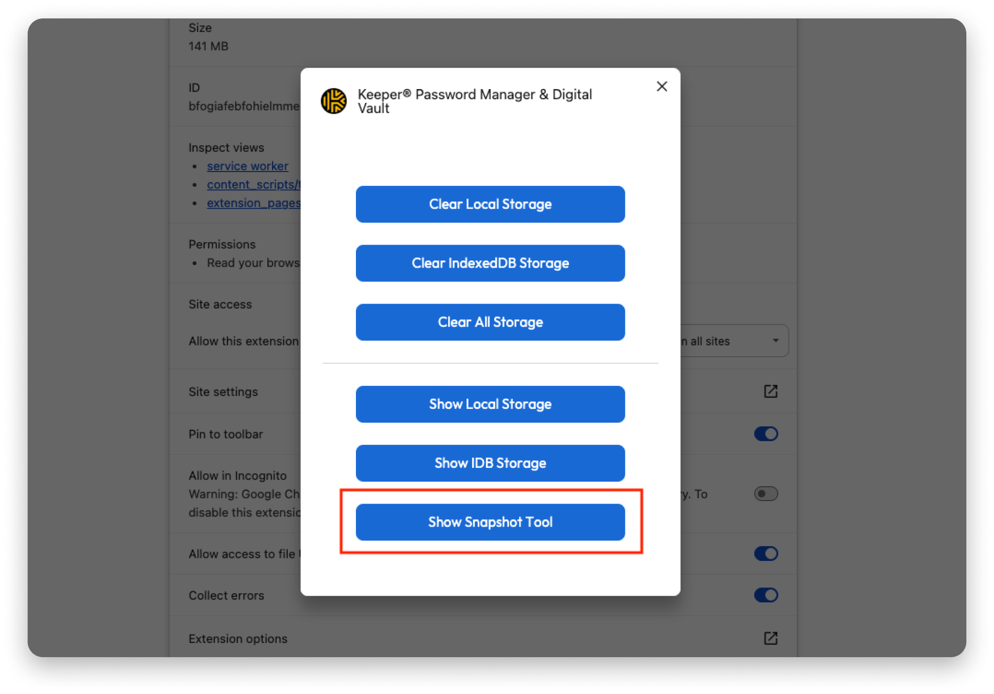 Keeper® 密码管理器和数字保险库扩展设置窗口的屏幕截图。 界面显示多个用于管理存储的多个蓝色按钮:“清除本地存储”、“清除 IndexedDB 数据库存储”、“清除所有存储”、“显示本地存储”、“显示 IDB 数据库存储”以及最后一个带有红色边框标记为“显示快照工具”的按钮,。